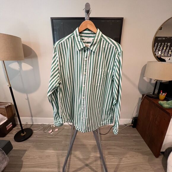 Alex Mill - Striped Wash and Go Poplin LS Shirt - Green, White - Picture 1 of 6